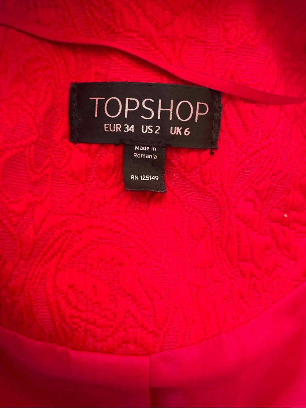 Topshop Red Floral Jacquard Open Front Cropped Blazer Jacket Tuxedo US 2 - Picture 5 of 5